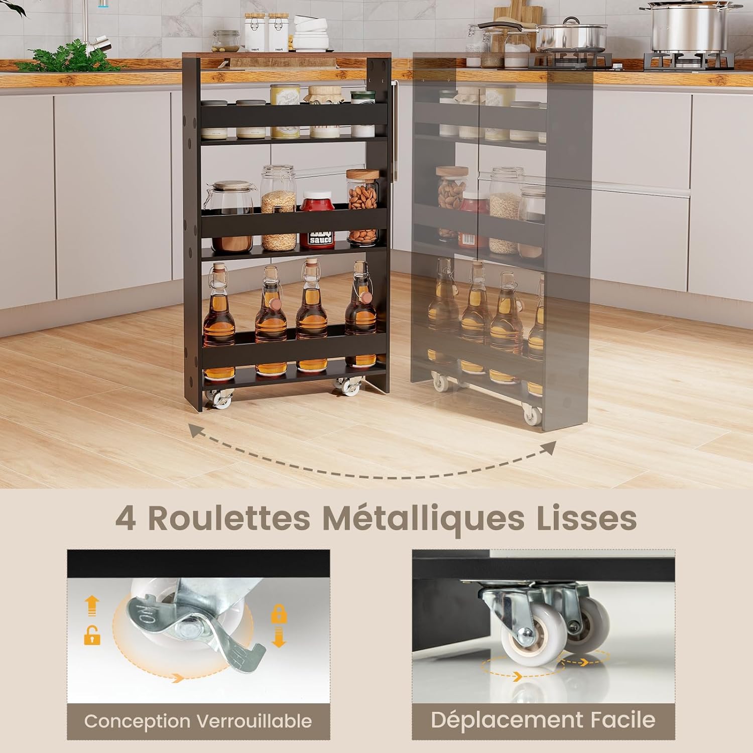 Chariot de Rangement Largeur 13 cm à roulettes, Desserte de Cuisine à 4 Niveaux, Poignée Latérale et Roues Universelles avec Freins (Noir + Brun) - 4