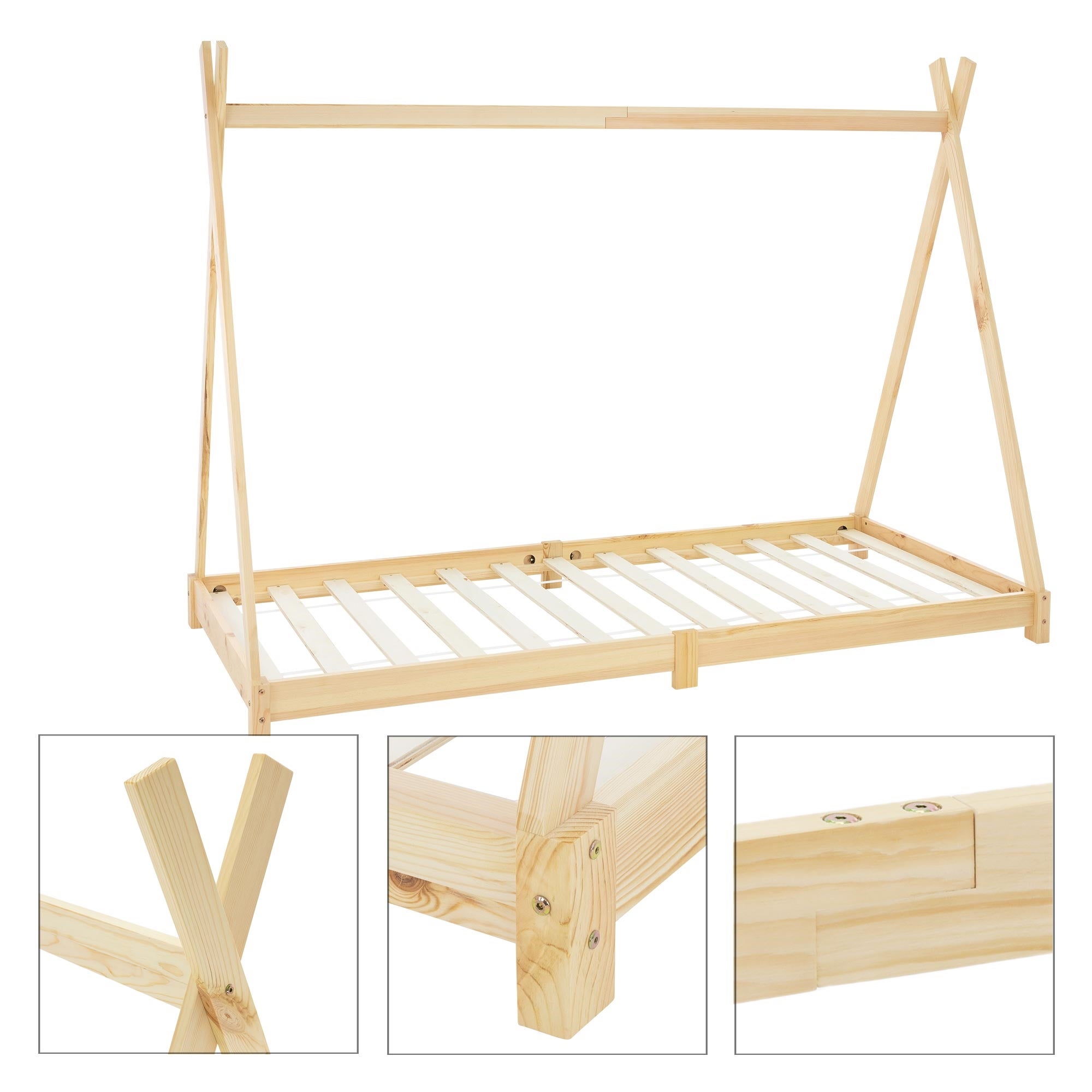 Lit d'enfants Tipi 90x200 cm naturel cadre style indien en bois de pin massif matelas H:10 cm hypoallergénique housse amovible et sommier à lattes - 7