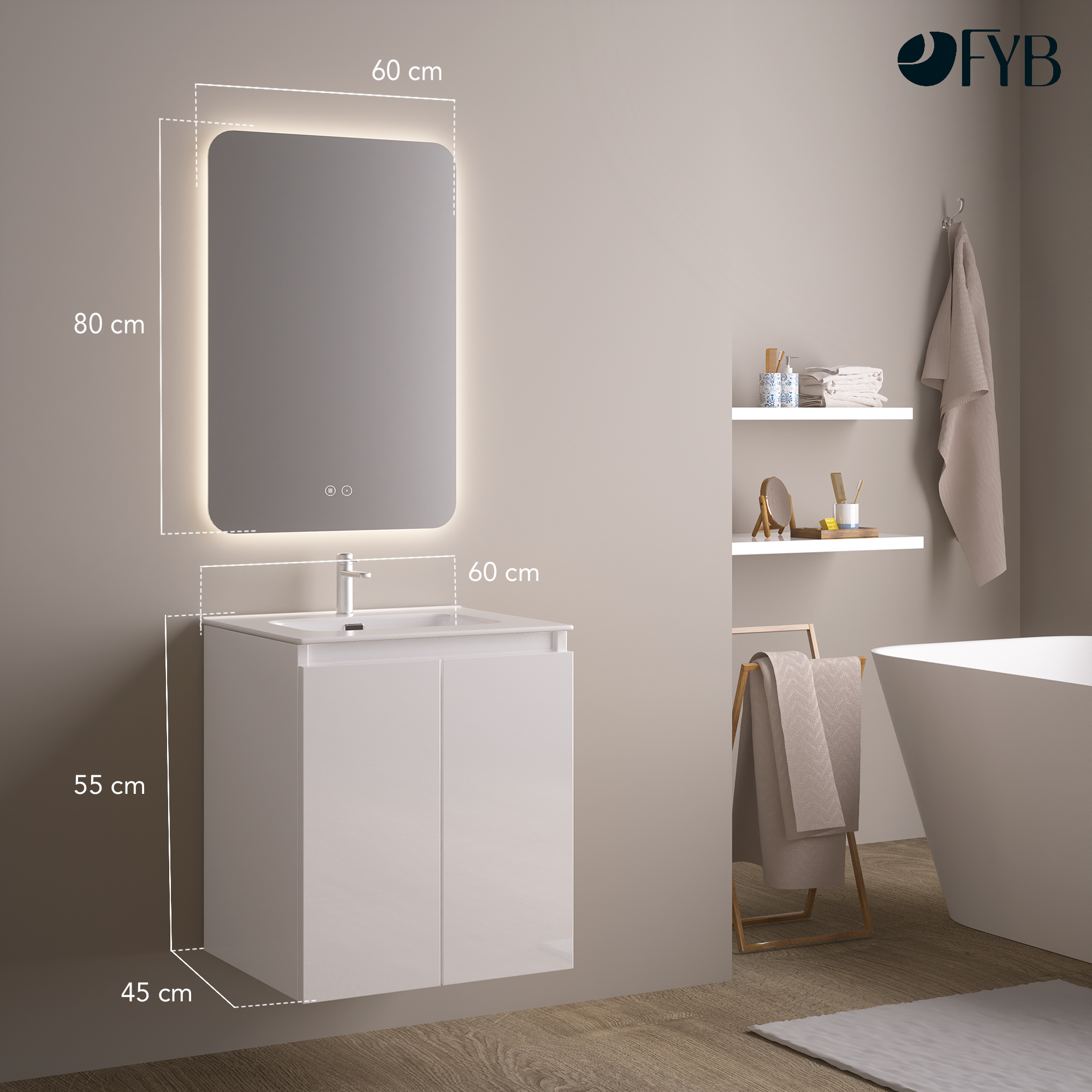 Feel Your Bath, Meuble De Salle De Bain WOLF Blanc 60 cm, 2 Portes, Vasque Céramique Intégrée Et Miroir Carré LED Antibuée - 3