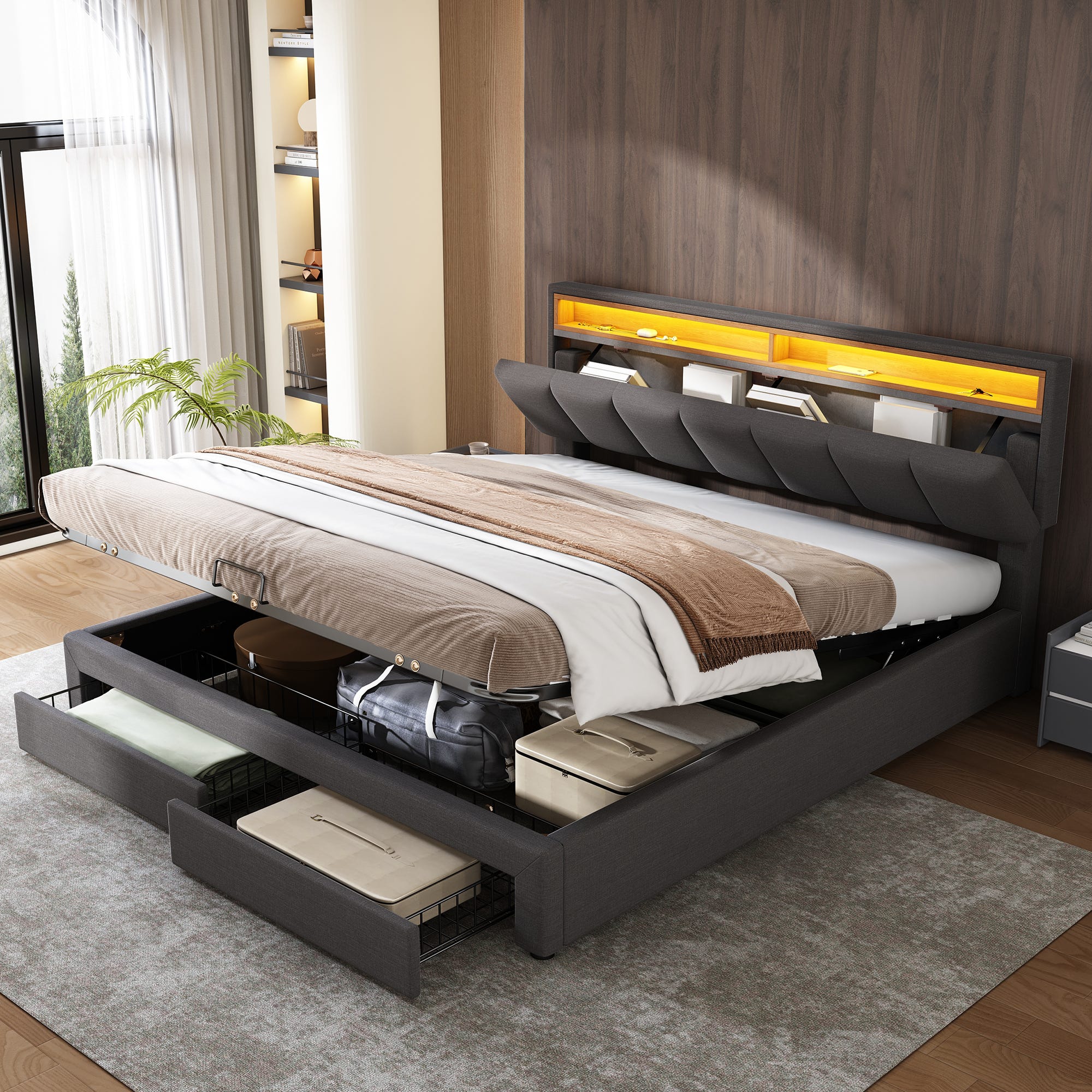 Lit A Rangement Lit coffre rembourré 160x200cm en lin avec tiroir et LED - tête de ...