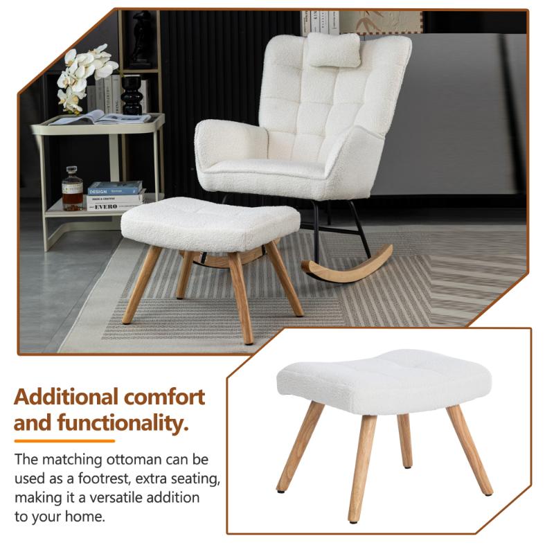 Fauteuil à bascule confortable blanc 93 cm avec repose-pieds, coussin lombaire, structure en bois de caoutchouc, fauteuil de relaxation - 7