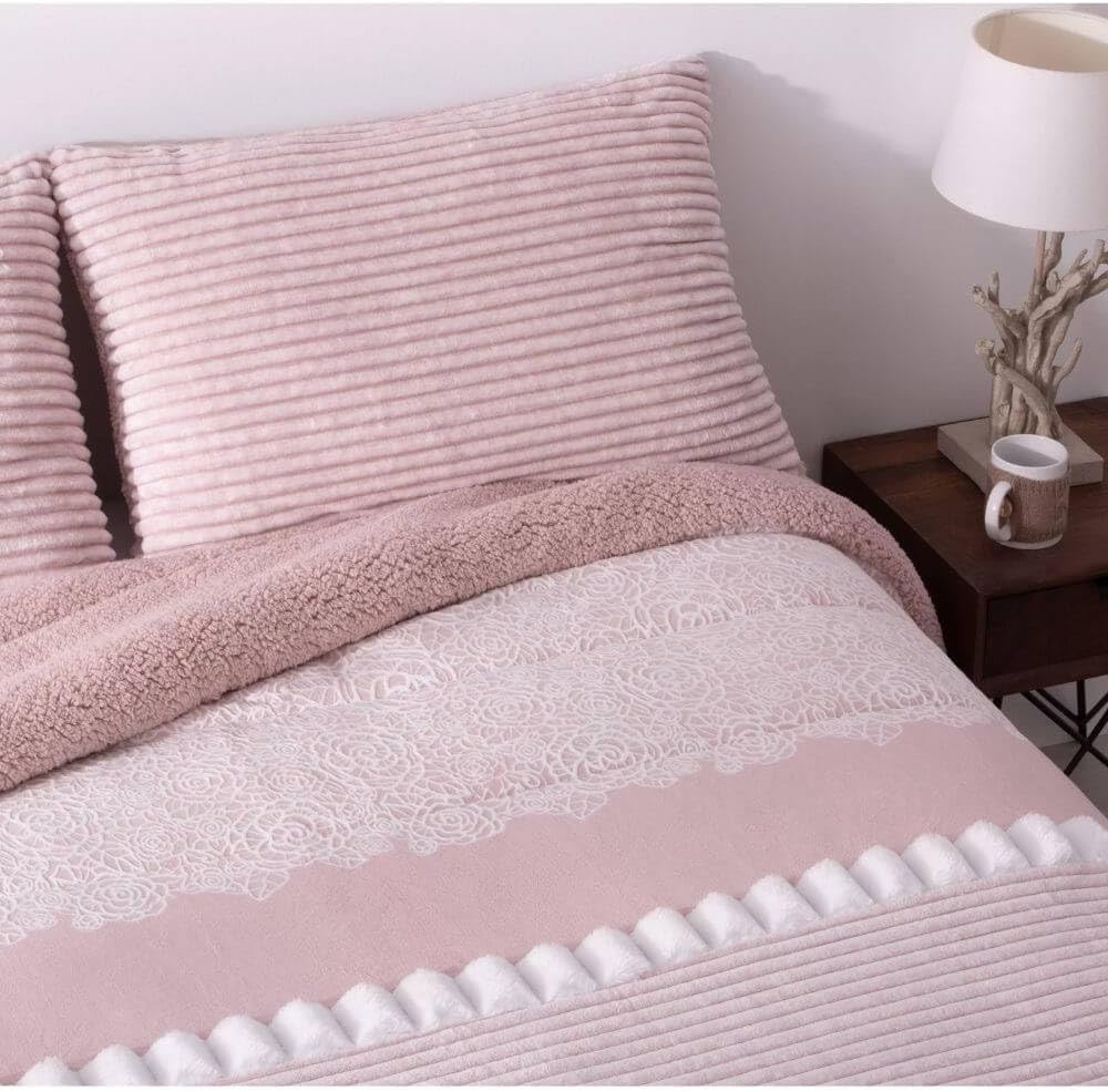 Edredón Sherpa Manterol DOKO Rosal Nude - Suave y Cálido con Reverso de Borreguito, Incluye Fundas de Cojín - Ideal para Invierno. Cama 180 CM - 2
