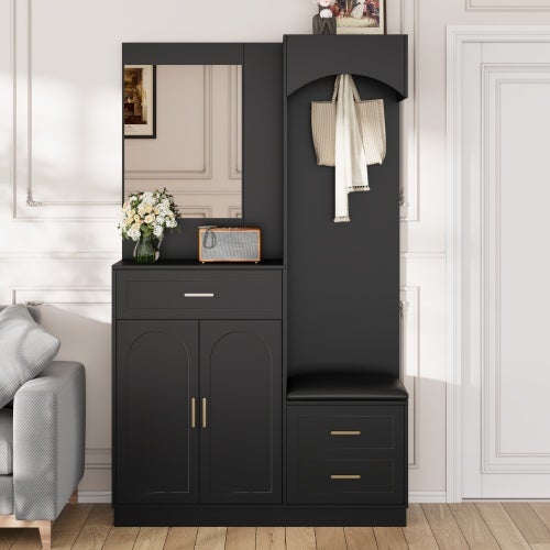 Meuble d'entrée, étagère multifonction avec miroir, 110×33×185,5 cm ...