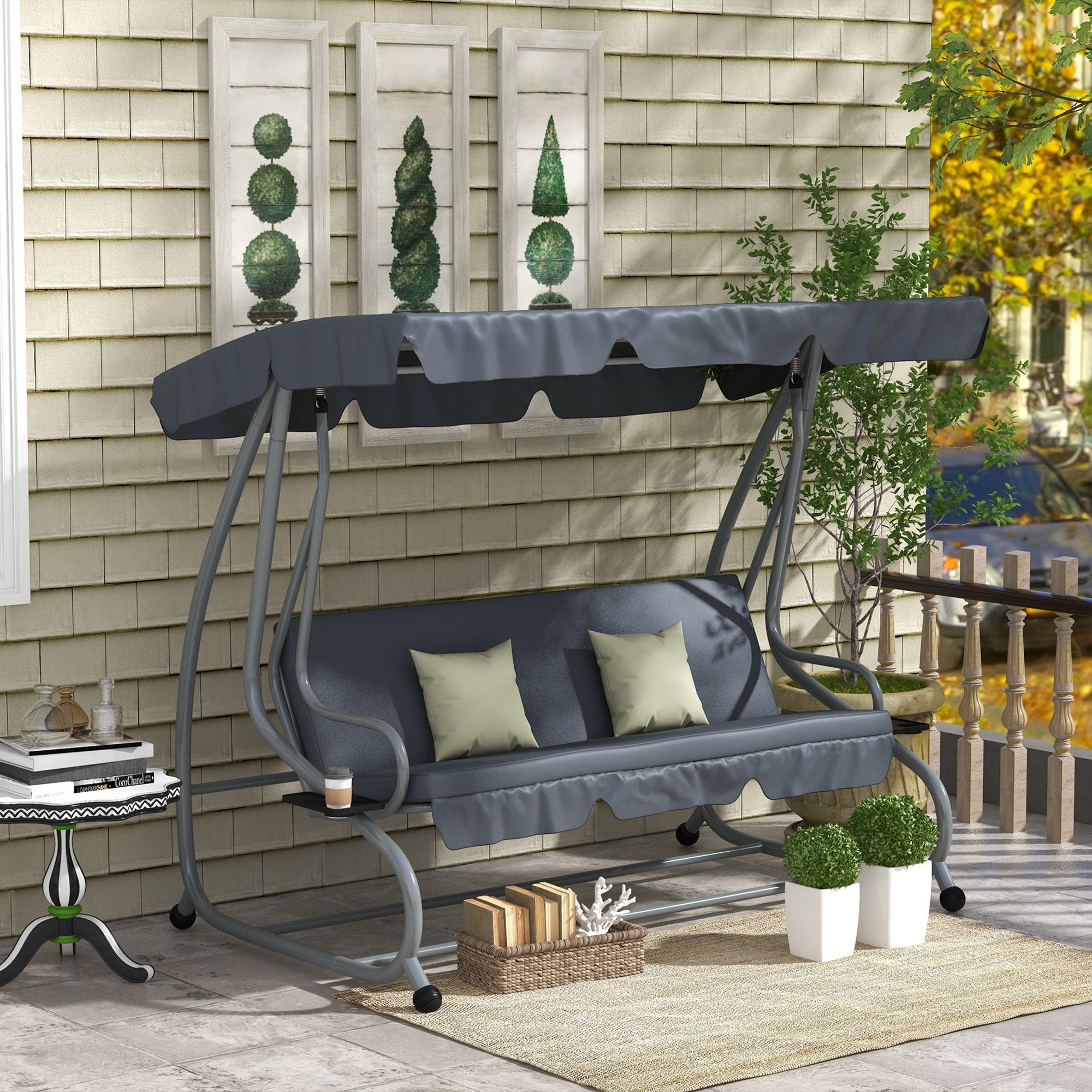 Balancelle de jardin 3 places convertible 2 tablettes coussins gris - 2
