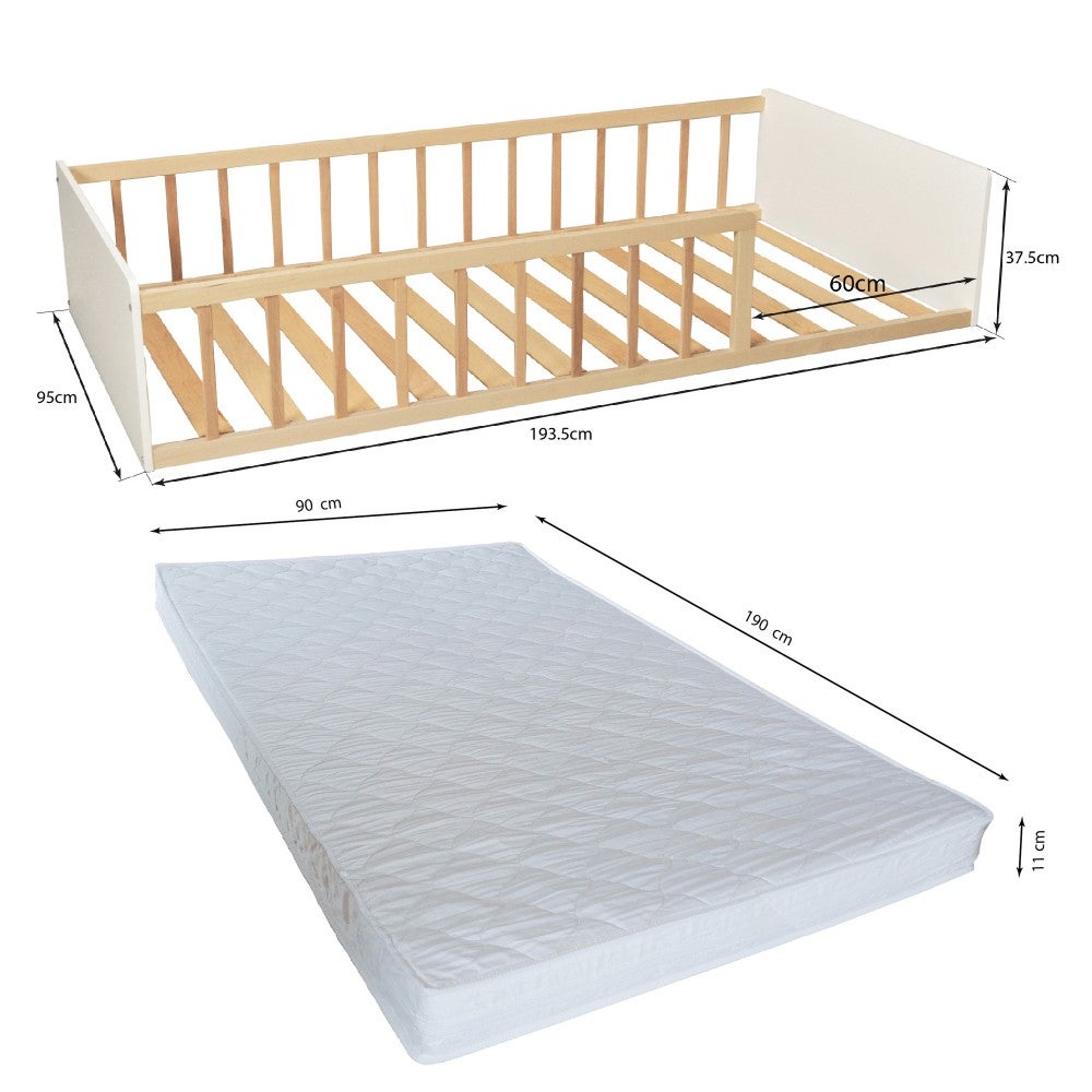 LIT 90x190 PILOU avec sommier et matelas / Blanc et Bois clair - 4