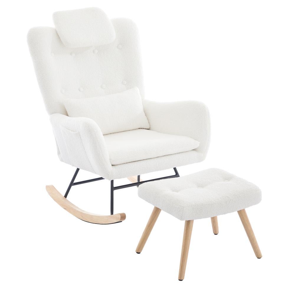 Fauteuil à bascule moderne blanc en tissu teddy avec repose-pieds, chaise de relaxation salon chambre confortable, capacité 100 kg - 9