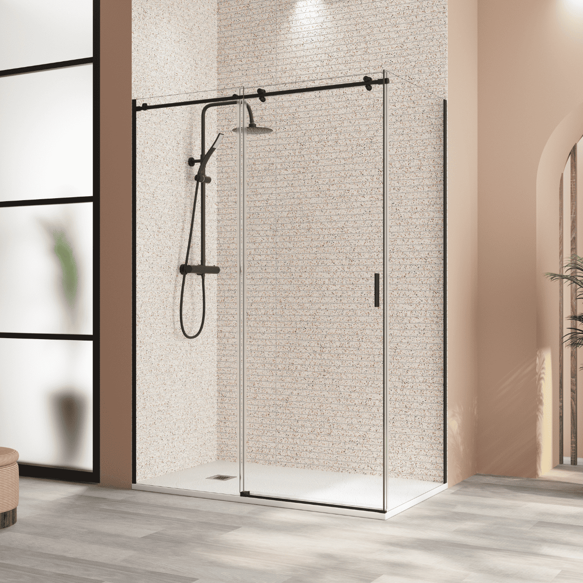 Mampara Ducha Rectangularl Frontal Frente 1 Puerta 2 Fijos Corredera | Altura 195cm Transparente | Perfil Negro Mate Frente 100cm Lateral 70 cm - 2