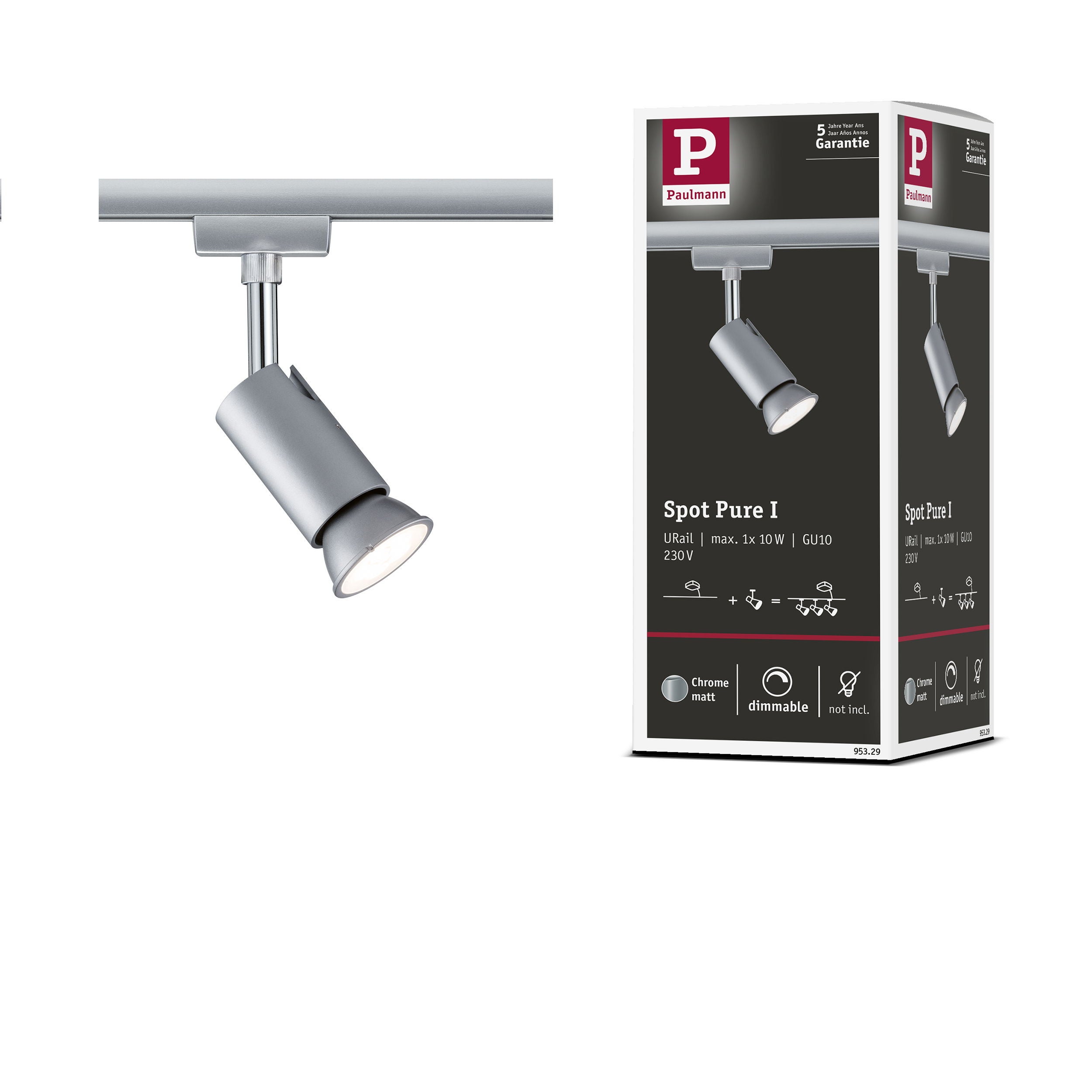 URail Spot sur rail Pure I Spot individuel GU10 max. 10W gradable 230V Chrome mat, Chrome