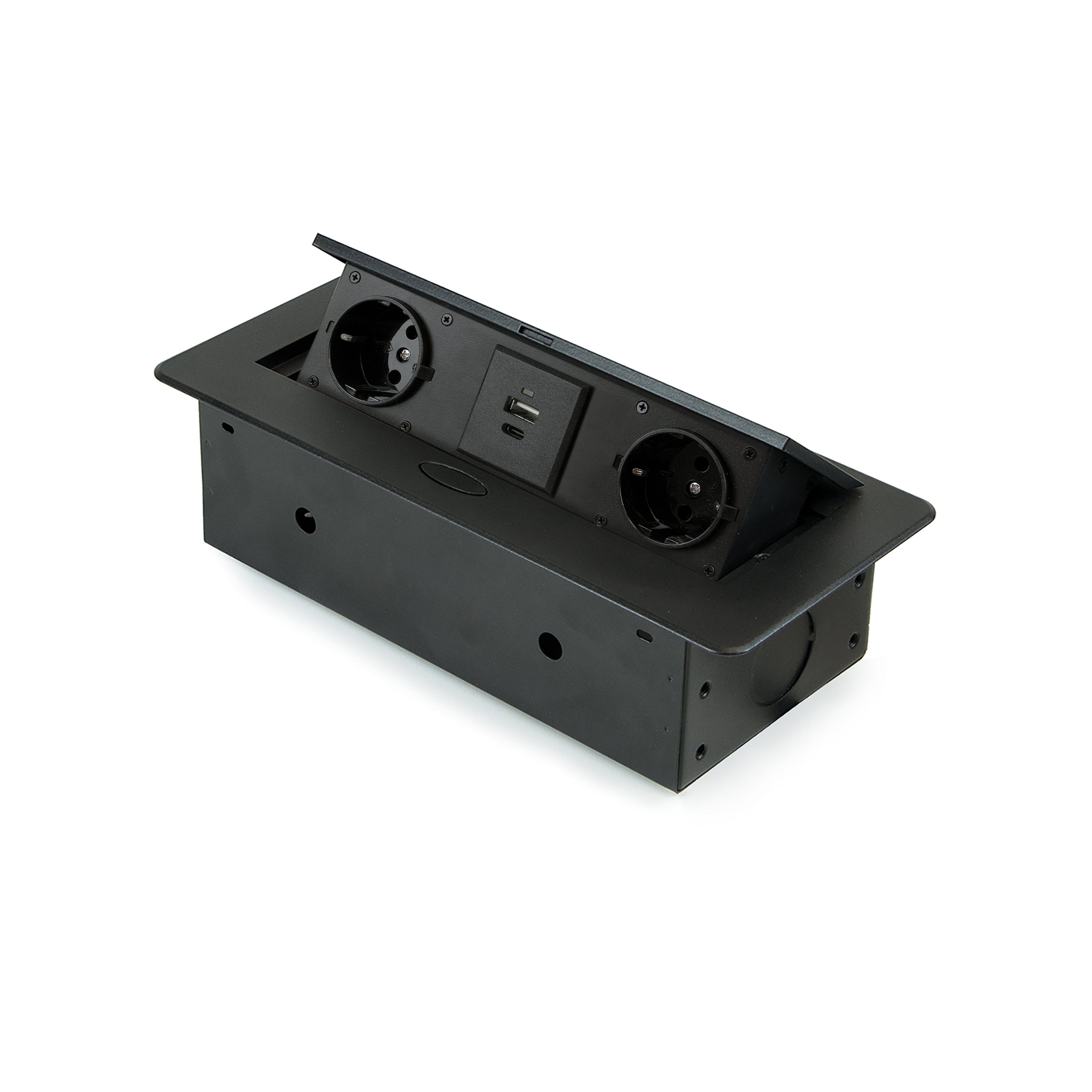 Emuca Listwa zasilająca biurkowa Atom 26 Lite, 225x111 mm, 2 gniazda Schuko, 1 USB typu A, 1 USB typu C, Znal-stal-plastik, Czarny