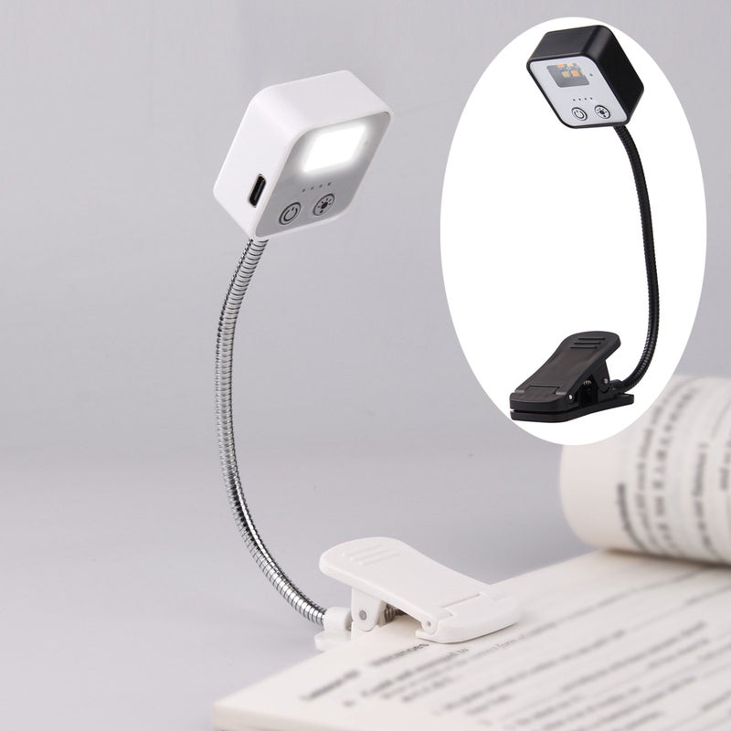 Zestaw 2 mini przenośnych lampek do czytania z klipsem na biurko, przenośne lampki do czytania LED, trójkolorowe światło, czarny + biały