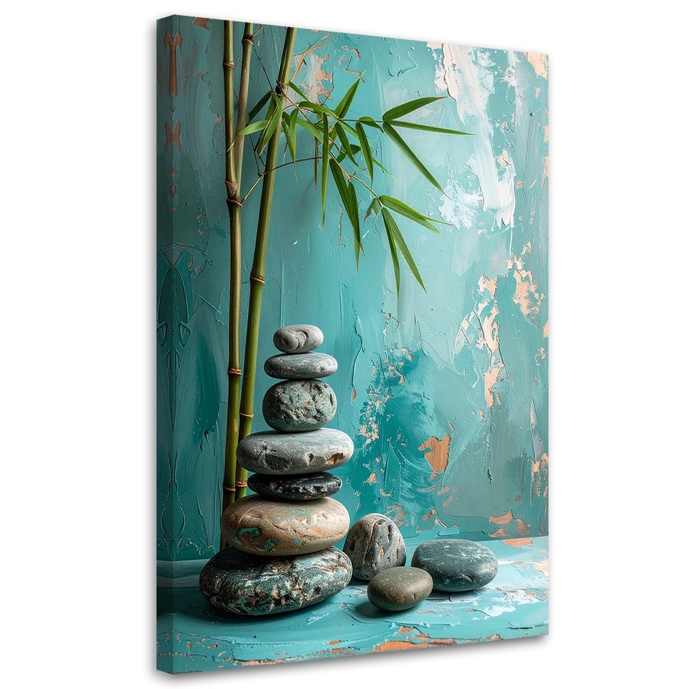 Obraz do salonu sypialni, Kamienie zen spa liście na turkusowym tle 80x120