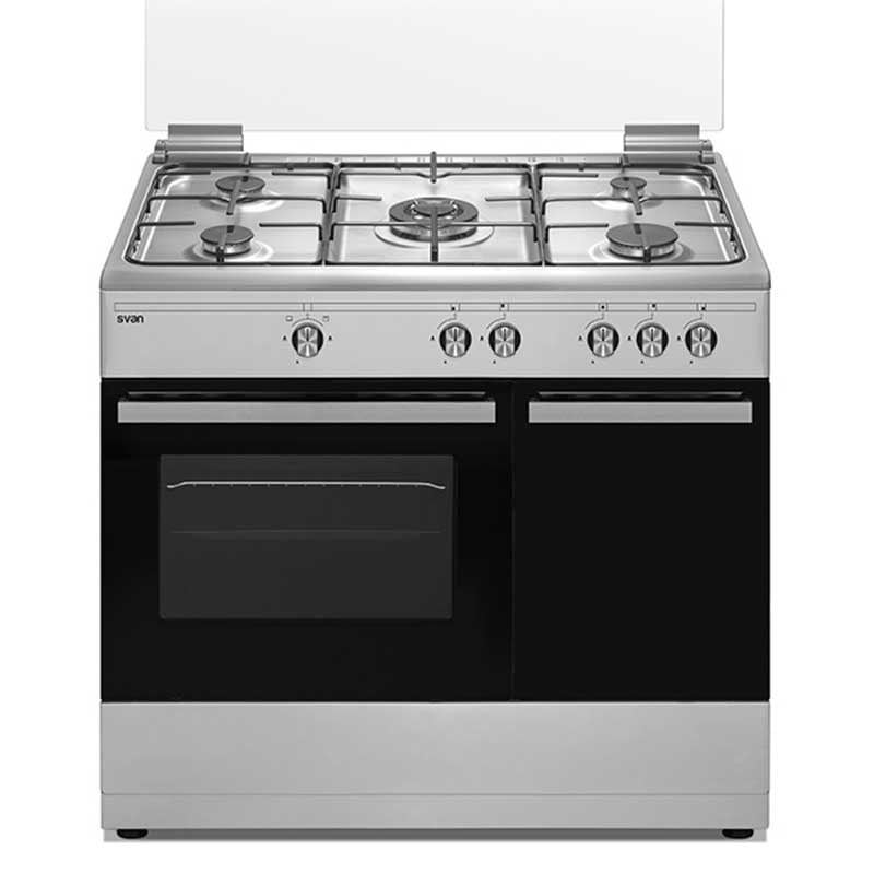 Cocina De Gas Svan SKGW5901PB - 5 Quemadores, Horno 55L, Quemador WOK Triple Llama, Blanca, Tapa Abatible De Cristal