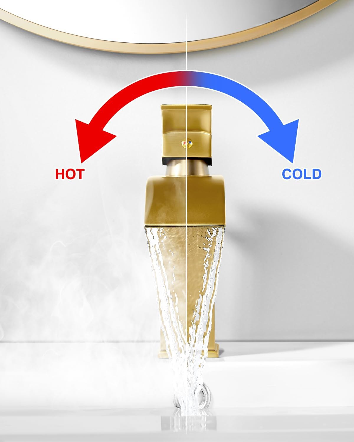 Robinet cascade salle de bain doré brossé,mitigeur en laiton sans tirette,hauteur sous bec 107 mm,style moderne et élégant pour vasque ou lavabo - 5