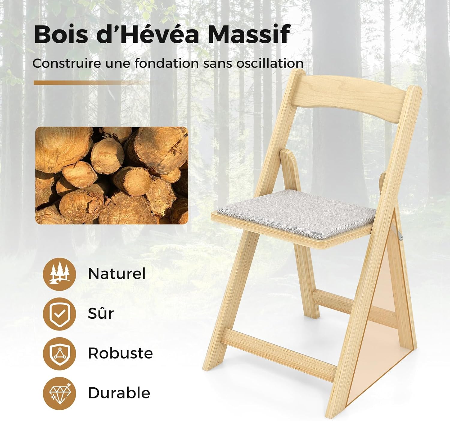Set di 2 Sedie da Pranzo, Sedia da Cucina Pieghevole con Gambe in Legno di Gomma & Sedile Imbottito, Sedia Portatile per Matrimonio & Festa, N - 6