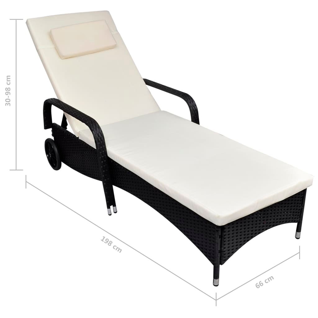 Chaise longue avec coussin et roues Résine tressée Noir - 4