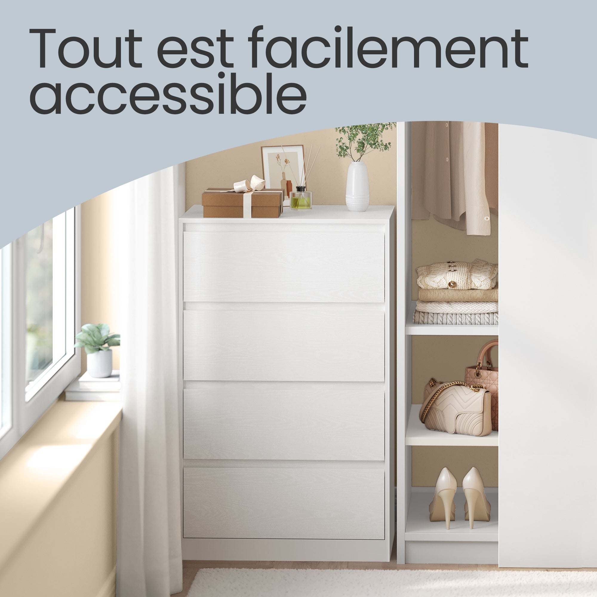 Commode 4 Tiroirs, Meuble de Rangement, 40 x 60 x 97,4 cm, Style Moderne, Blanc - 6