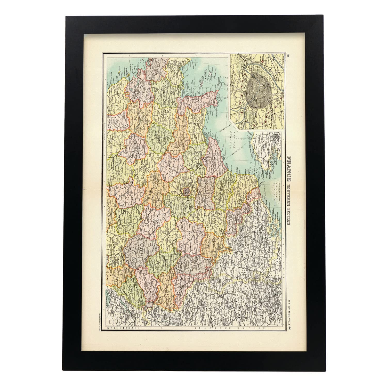 Nacnic pósters geográficos en estilo vintage mapa del norte de francia ilustraciones de antiguos mapamundis en tonos sepia tamaño a3, con marco negro