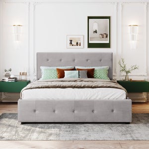 KOMHTOM Letto baule letto imbottito idraulico con cassetto portaoggetti letto matrimoniale con testiera del letto, rete a doghe in legno, velluto(senza materasso, 140 x 200 cm) (beige), 3058358AAC