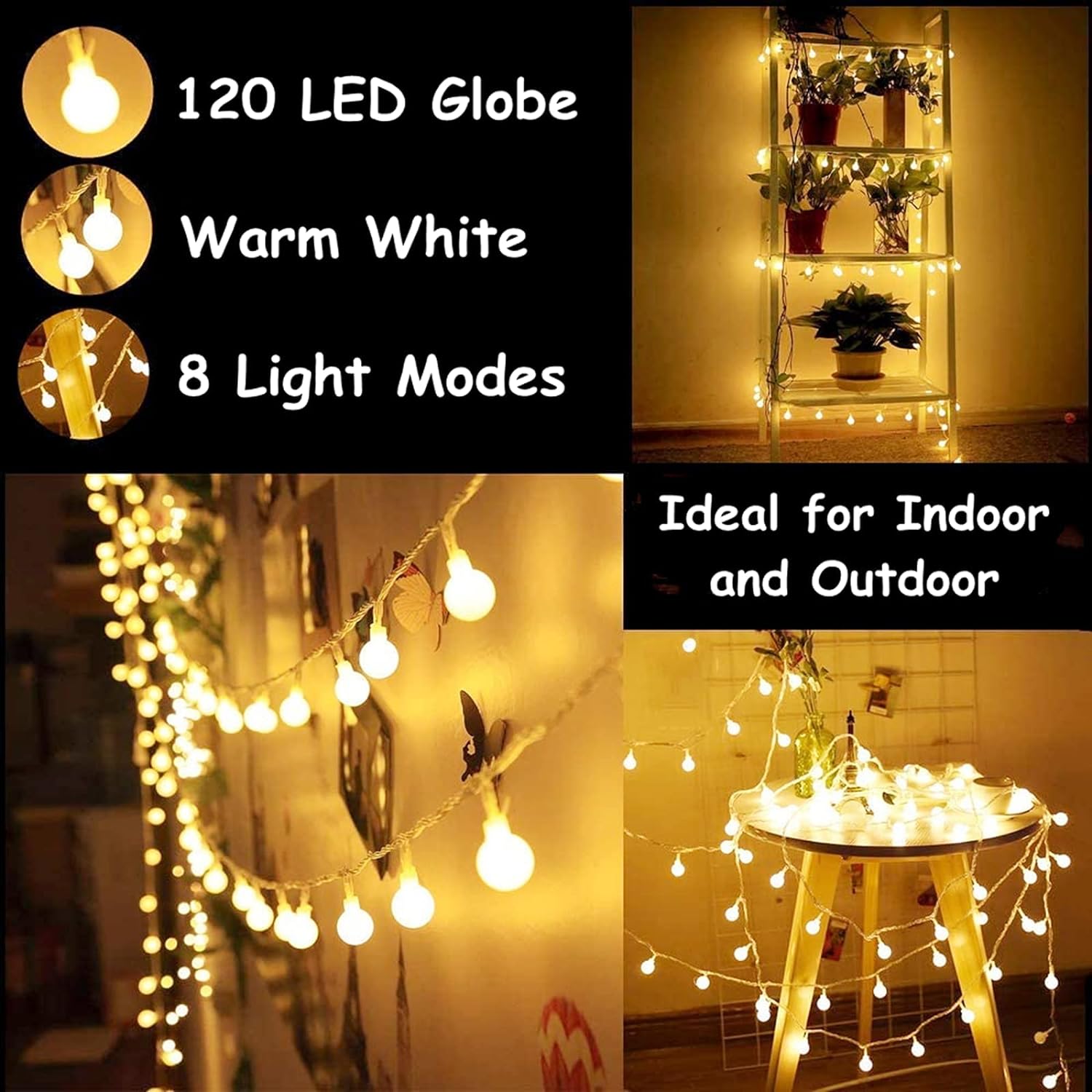 Guirlande Lumineuse Boules, 12m 120 LED Interieur Exterieure Guirlande Lumineuses Sphérique 8 Modes avec Prise Ampoules Lumières, Blanc Chaud - 2