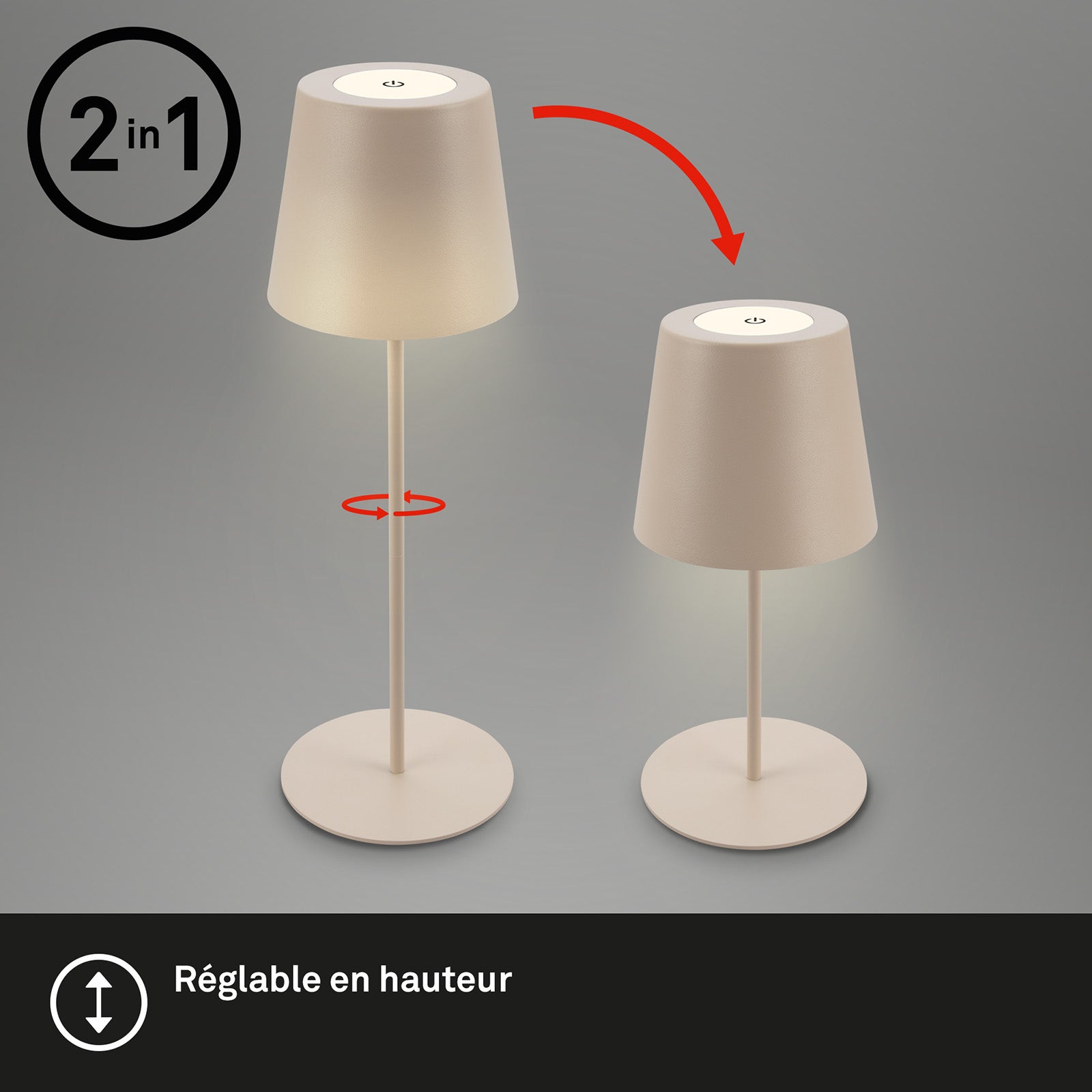 Lampe de table rechargeable - IP44 - D.120x360mm - Beige - 2.700K - 2,5W / 200lm - Briloner - 5