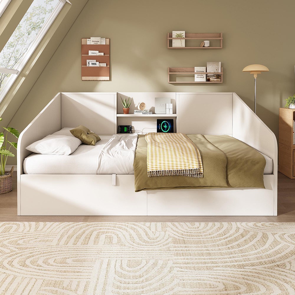 Rozkładana sofa hydrauliczna z 2 półkami, dużą przestrzenią do przechowywania i stacją ładującą USB/Type-C, biała (bez materaca) – 90 x 190 cm