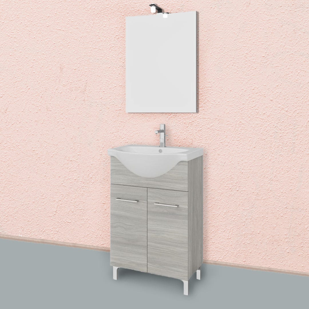 Mueble de baño de pie de 55cm 2 puertas roble gris, lavabo y espejo | rimini