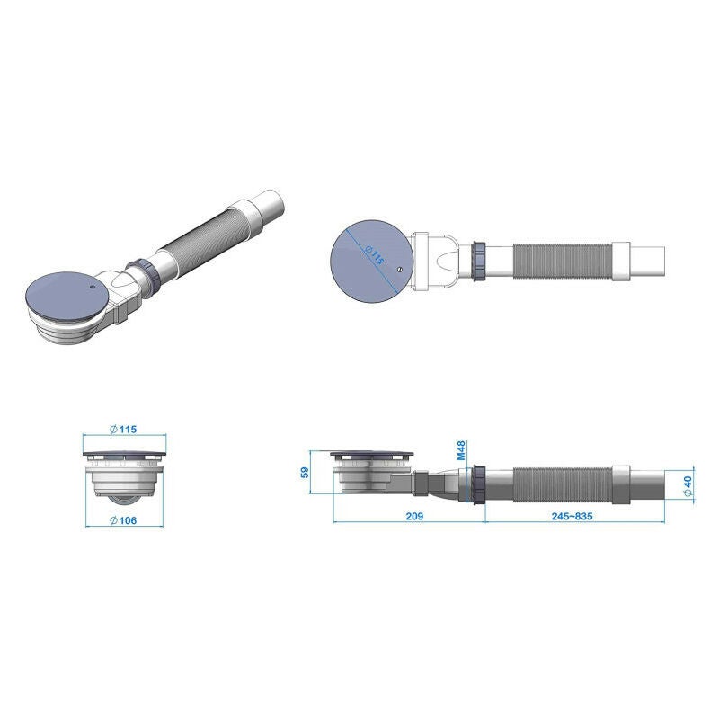 Siphon de sol, bonde de douche 90 mm, extra plat, trou d'évacuation dans receveur de douche, siphon avec système anti-odeur, pare-cheveux, tuyau flexi - 5