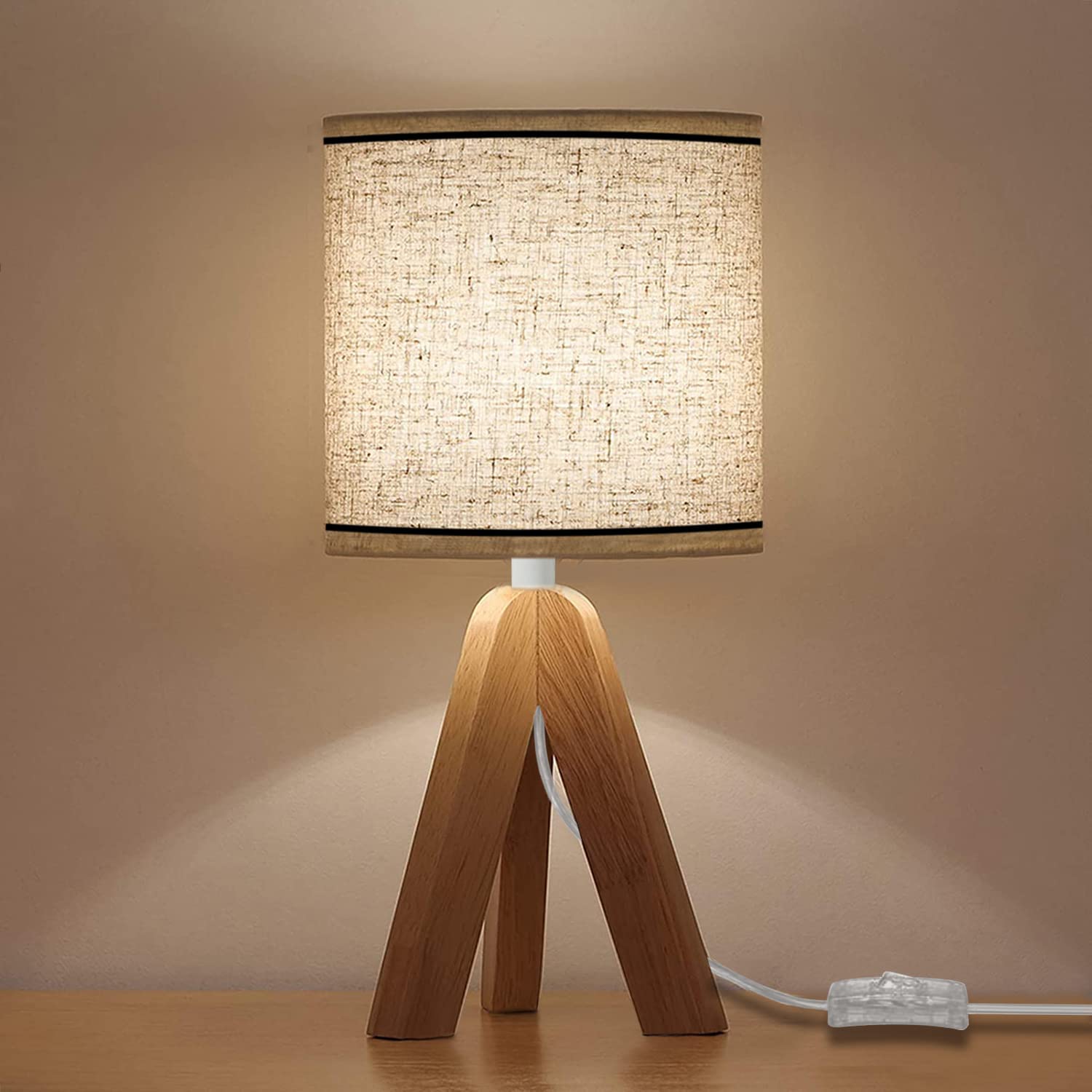 Lampe De Chevet Bois EDISHINE - Abat-jour Lin Vert Kaki - Ampoule LED 2700K Incluse - Pour Chambre Et Bureau