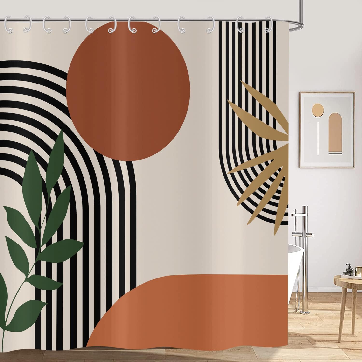 Zasłona prysznicowa Boho 120x180, abstrakcyjna w stylu mid-century, zielona, słoneczna, pomarańczowa, beżowa, nowoczesna, minimalistyczna, neutralna,