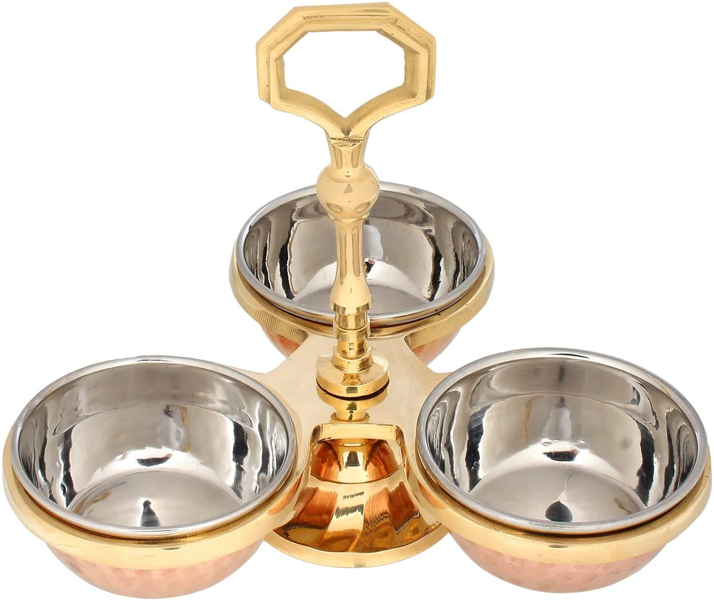 Set Servizio Sottaceti Indiano 3 Ciotole In Acciaio Inox Con Portarame, Per Spezie E Chutney, Autentico Artigianato