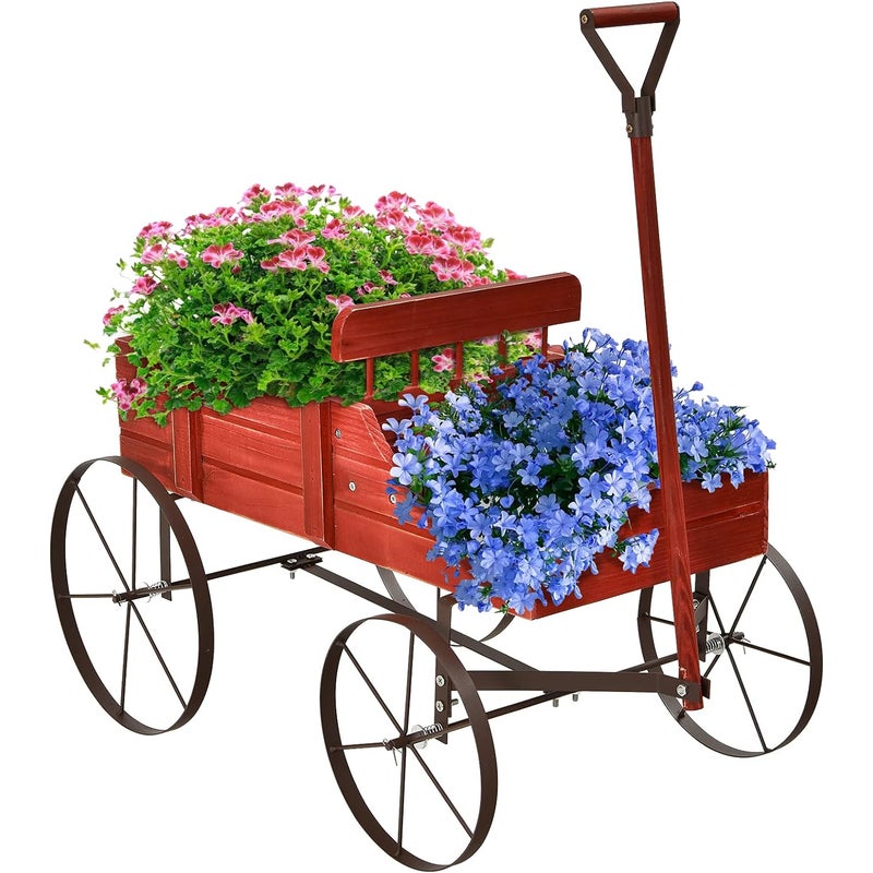 Ozdobna Drewniana Taczka – 35 × 62,5 × 60 cm – 2 Przegródki na Rośliny – Donica w Kształcie Taczki – do 15 kg – Czerwona