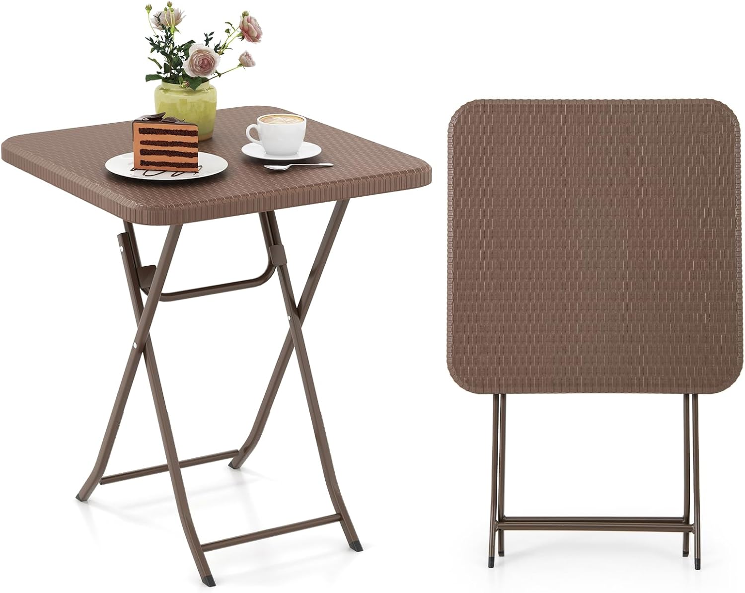 Stolik Ogrodowy, Składana Konstrukcja, Regał z Odpornego na Warunki Atmosferyczne HDPE, Metalowa Rama, Antypoślizgowe Nóżki, 60 x 60 cm