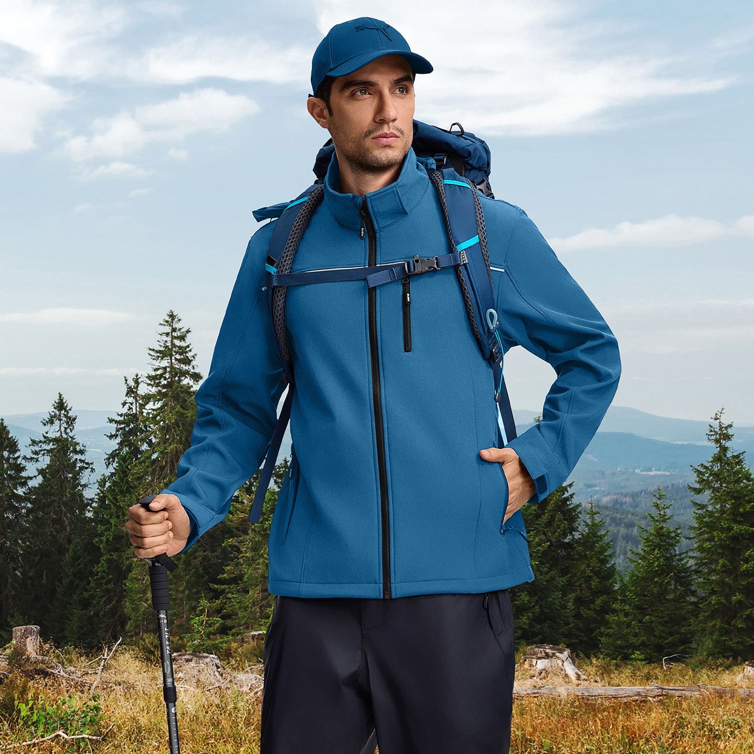 Veste de Travail Homme Blouson & Softshell de Travail - Imperméable, Anti-Vent, Fourré Chaud, Poches Multiples, Capuche Amovible - Bleu M - 6