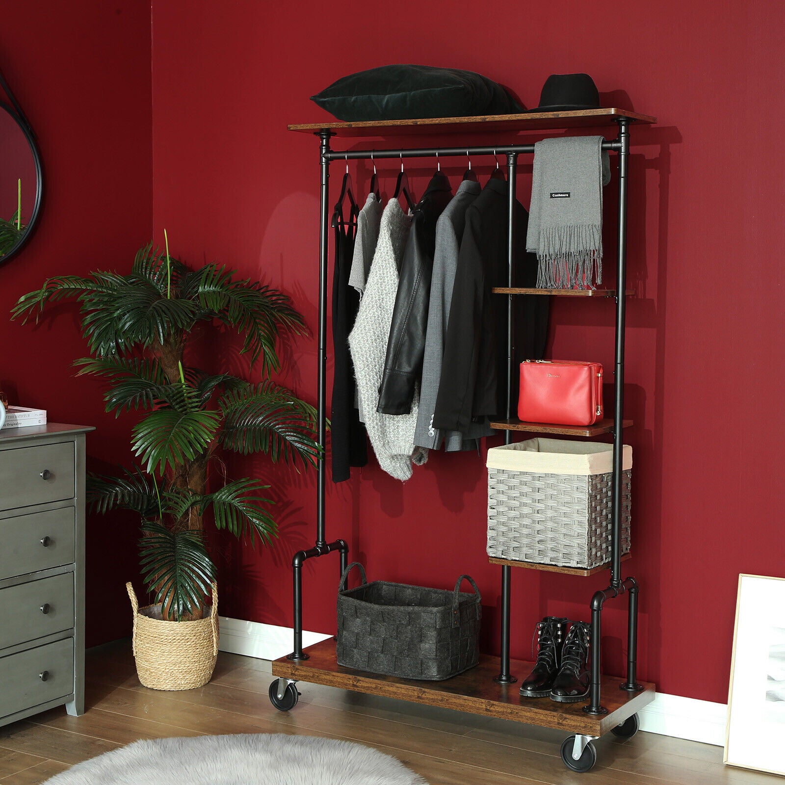 Portemanteau Mobile, Vestiaire sur roulettes, Meuble d’Entrée, Portant à Vêtements à 5 Niveaux, Structure Métallique, Marron Rustique - 3