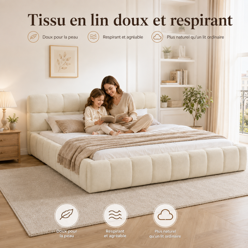lit bubble 140x190, cadre de lit pour adulte, lit deux personnes, lit double, Lit rembourré 2 places en lin, beige, sans matelas - 5