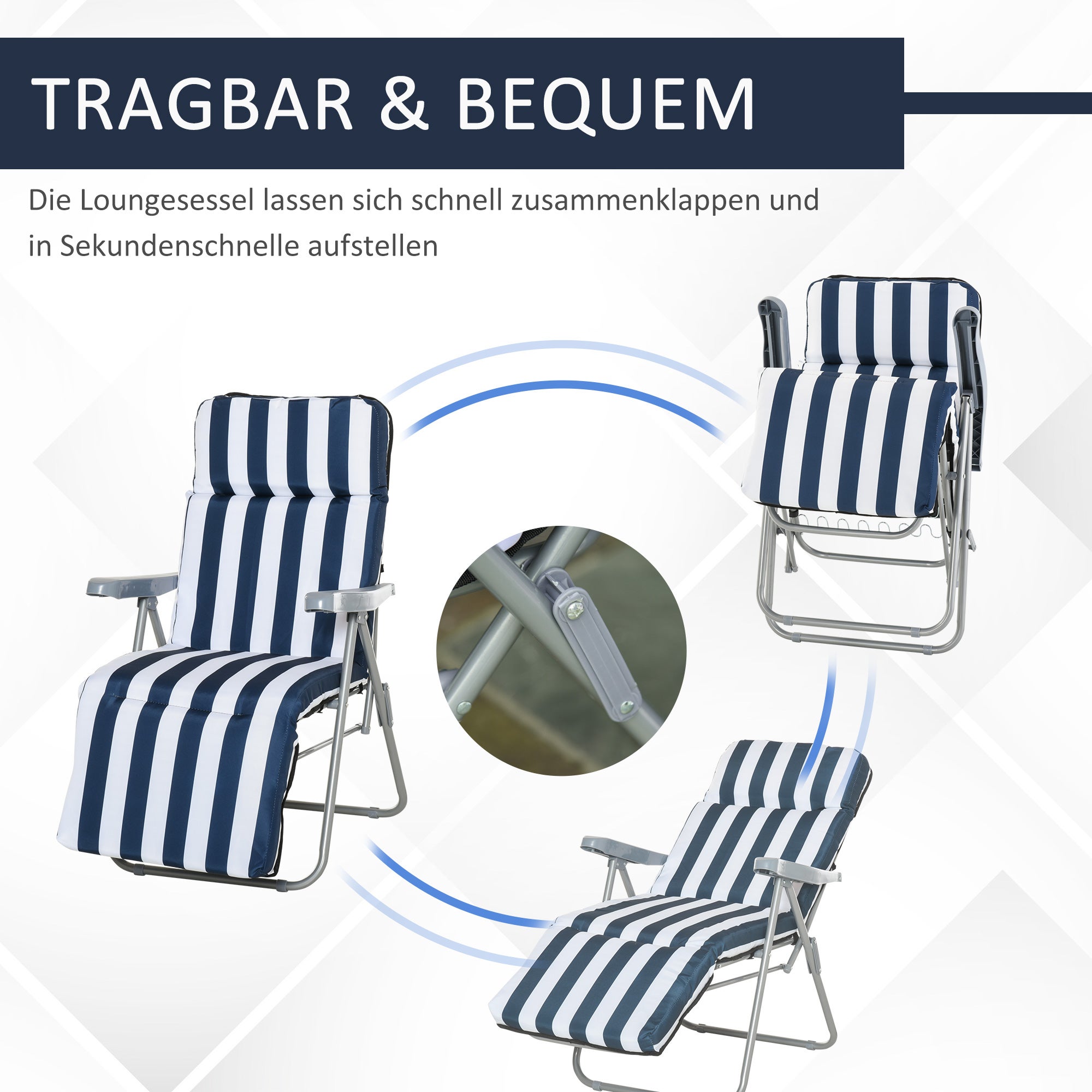 Lot de 2 chaises longues pliantes avec accoudoirs, pliables, 5 positions, coussin, bleues, 60 x 75 x 102 cm - 8