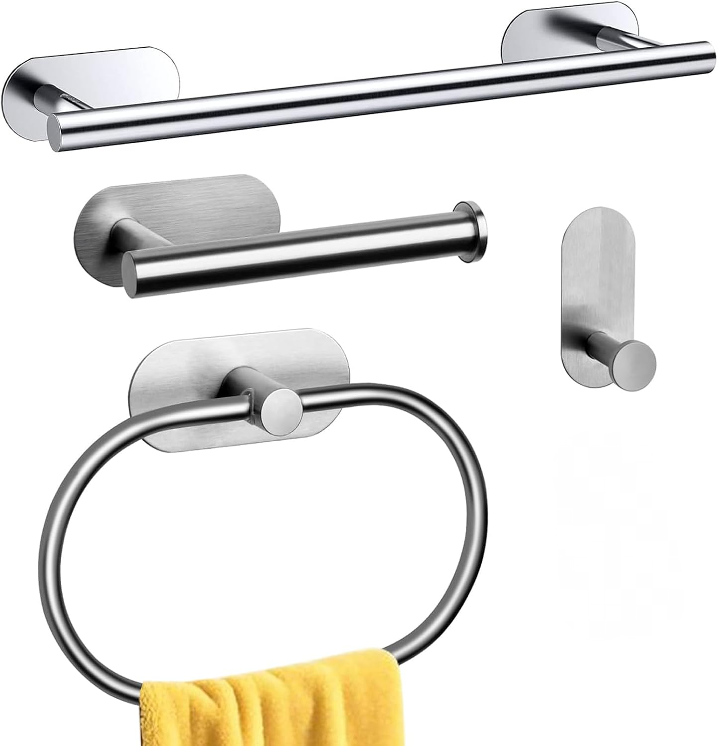 Zestaw akcesoriów łazienkowych 4-częściowy, drążek na ręczniki ze stali nierdzewnej, uchwyt na papier toaletowy, haczyk na ręczniki