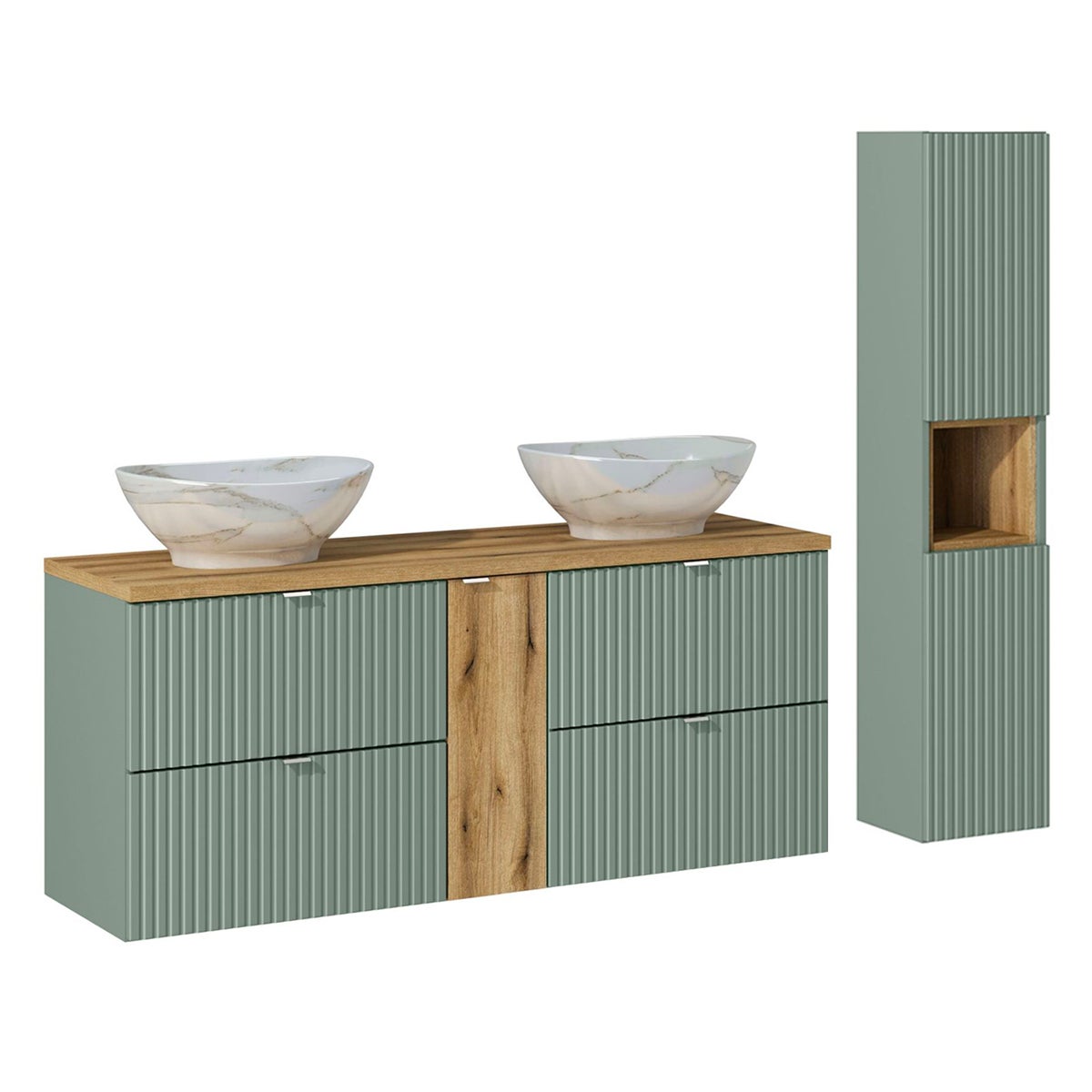 Ensemble meuble double vasque 140cm 4 tiroirs et colonne Jade Vert et Bois - 2