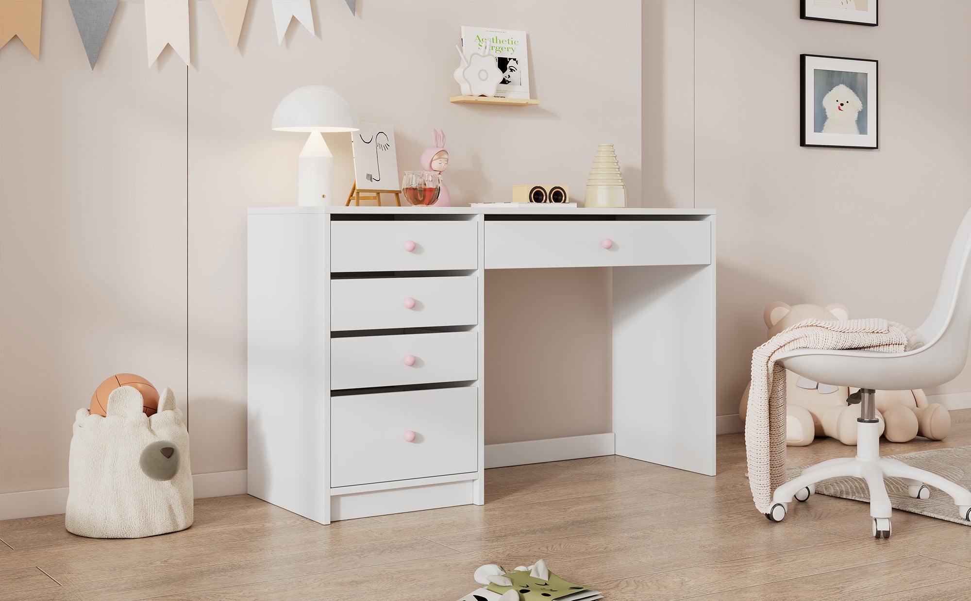 Bureau avec 5 tiroirs - 120 x 45 x 74 cm - MDF et poignées en céramique rose - Blanc - 9