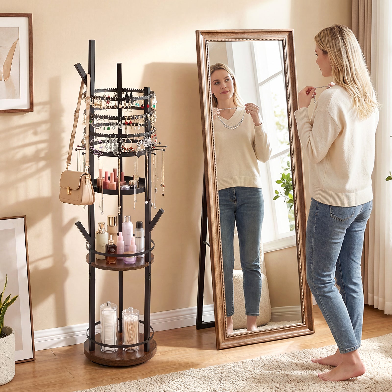 Support Organiseur pour Bijoux, Arbre à Bijoux Pivotant à 360° avec Crochets pour Boucles d'Oreilles et Colliers, 3 Étagères de Rangement, Marron - 8
