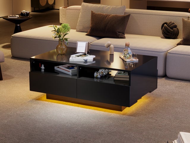 Tavolino con 4 cassetti - 90 x 55 x 35 cm - LED - Pannelli di particelle - per soggiorno - Nero lucido