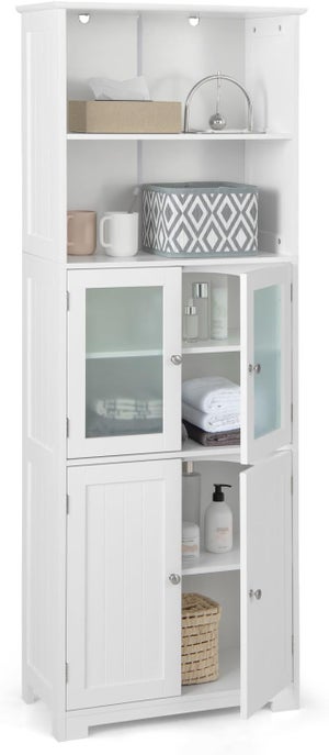 Meuble de Rangement pour Salle de Bain avec 2 Étagères Ouvertes et 2 Compartiments à Portes, Armoire Haute avec Étagères Réglables, 60 x 30 x 163 cm