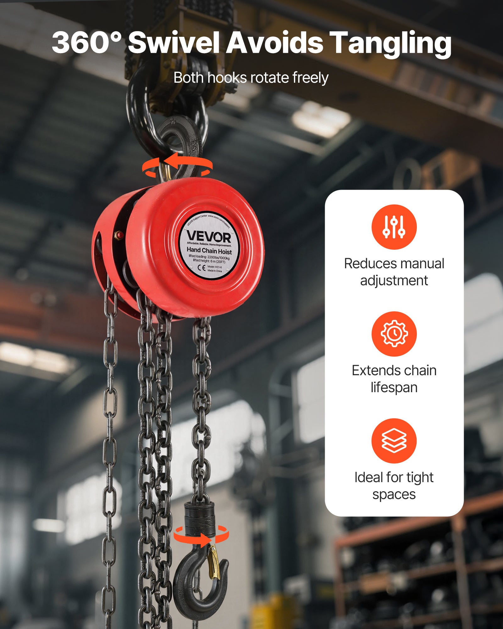 Talha manual VEVOR 1 T, elevação 6 m, gancho reforçado, corrente G70, freio mecânico, para garagem, obra, armazém, vermelho - 6