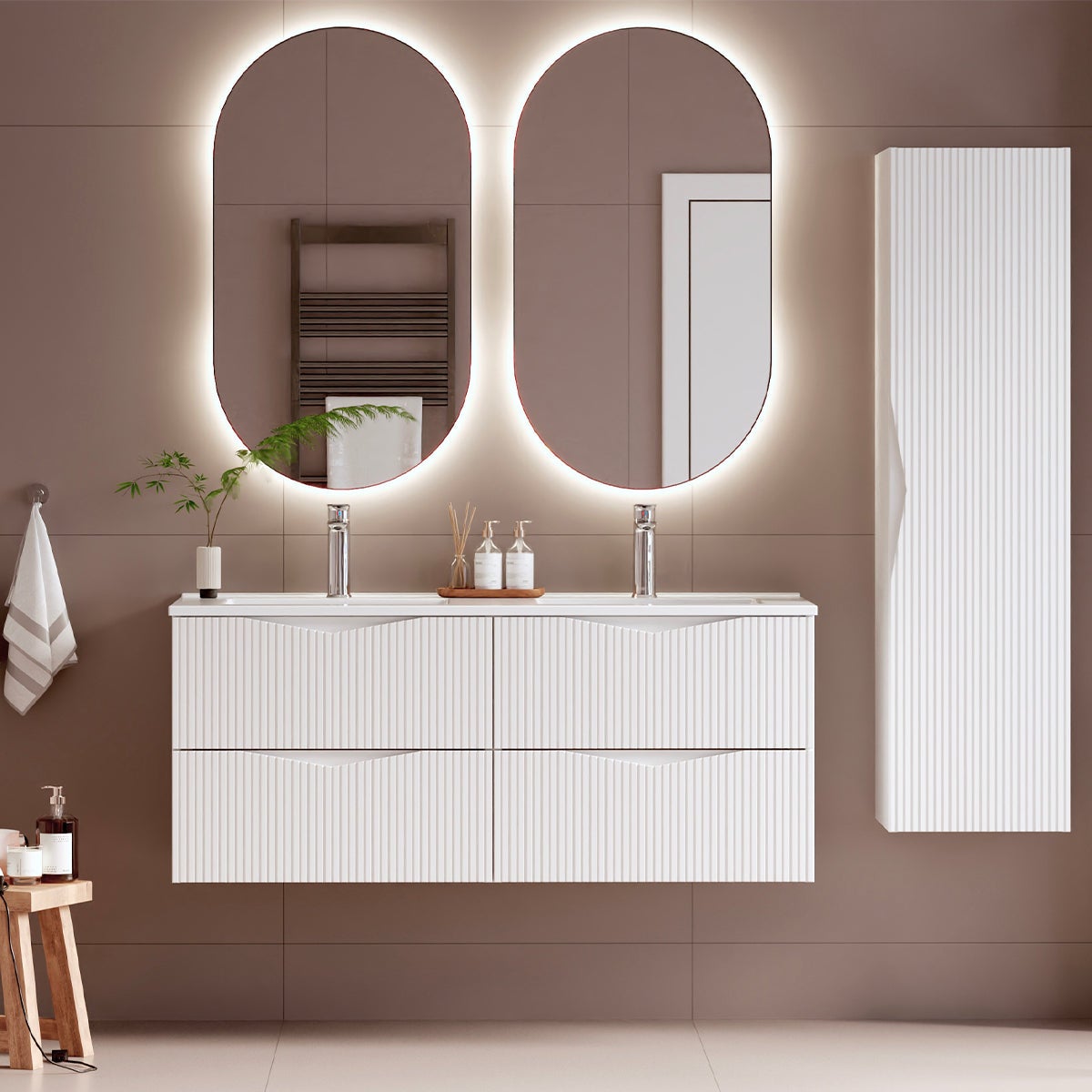 Ensemble meuble double vasque encastrée 120cm et colonne Tao Blanc ...