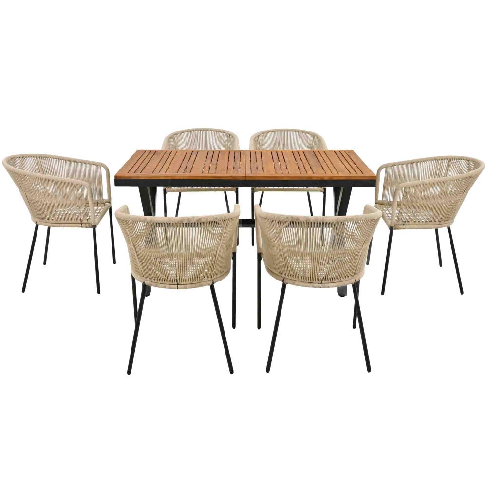 Juego de comedor para exterior de 7 piezas, mesa de acacia y sillas de cuerda, cojines lavables - 3
