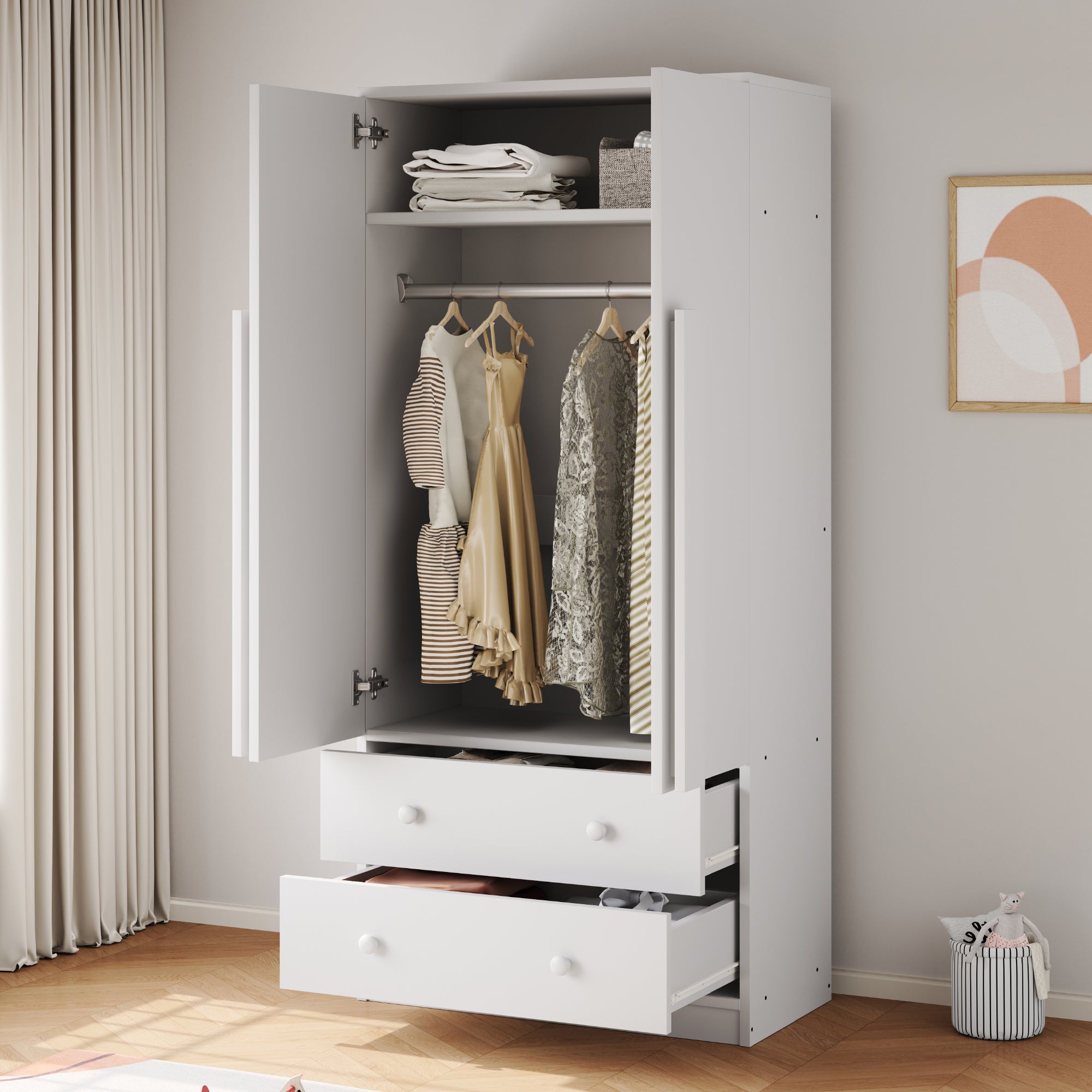 Szafa 2-drzwiowa z 2 szufladami - 70 x 40 x 170 cm - Sosna + sklejka + MDF - Biała