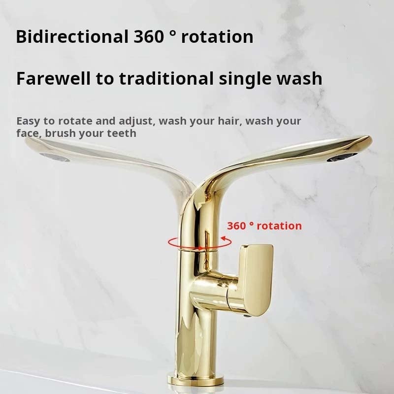 Mitigeur lavabo en laiton brossé or, robinet salle de bain 360° rotatif, double commande eau chaude et froide, mousseur ABS doux - 3
