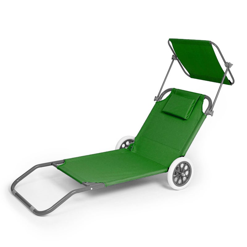 Składany leżak turystyczny plażowy, ogrodowy z daszkiem i kółkami, regulowane oparcie, zielony Be-active.pl