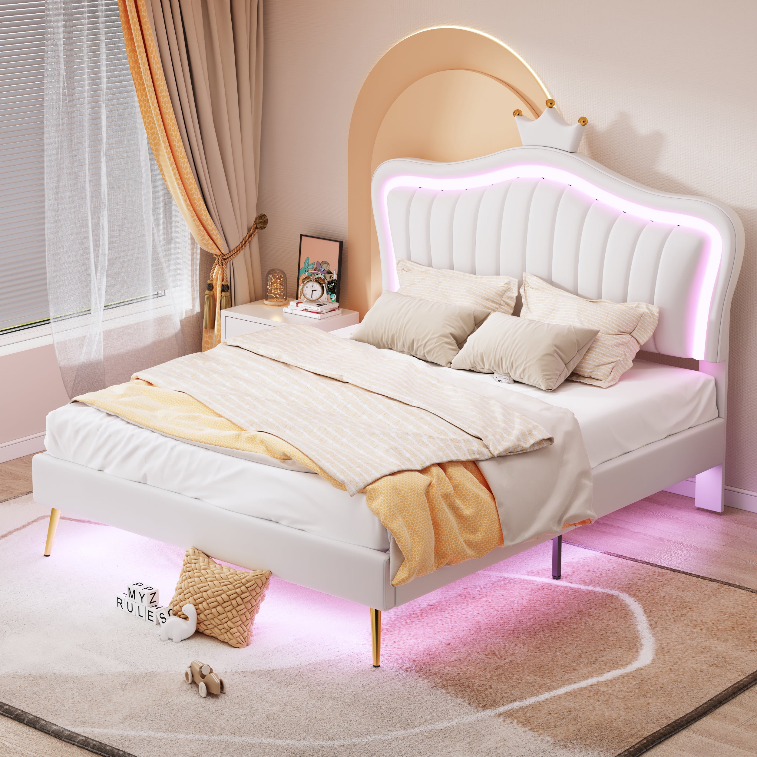 Lit Simple 90x200 Avec Tiroir Et LED – Tête De Lit Couronne – Rembourré PU Blanc – Sans Matelas – Pour Fille, Ado