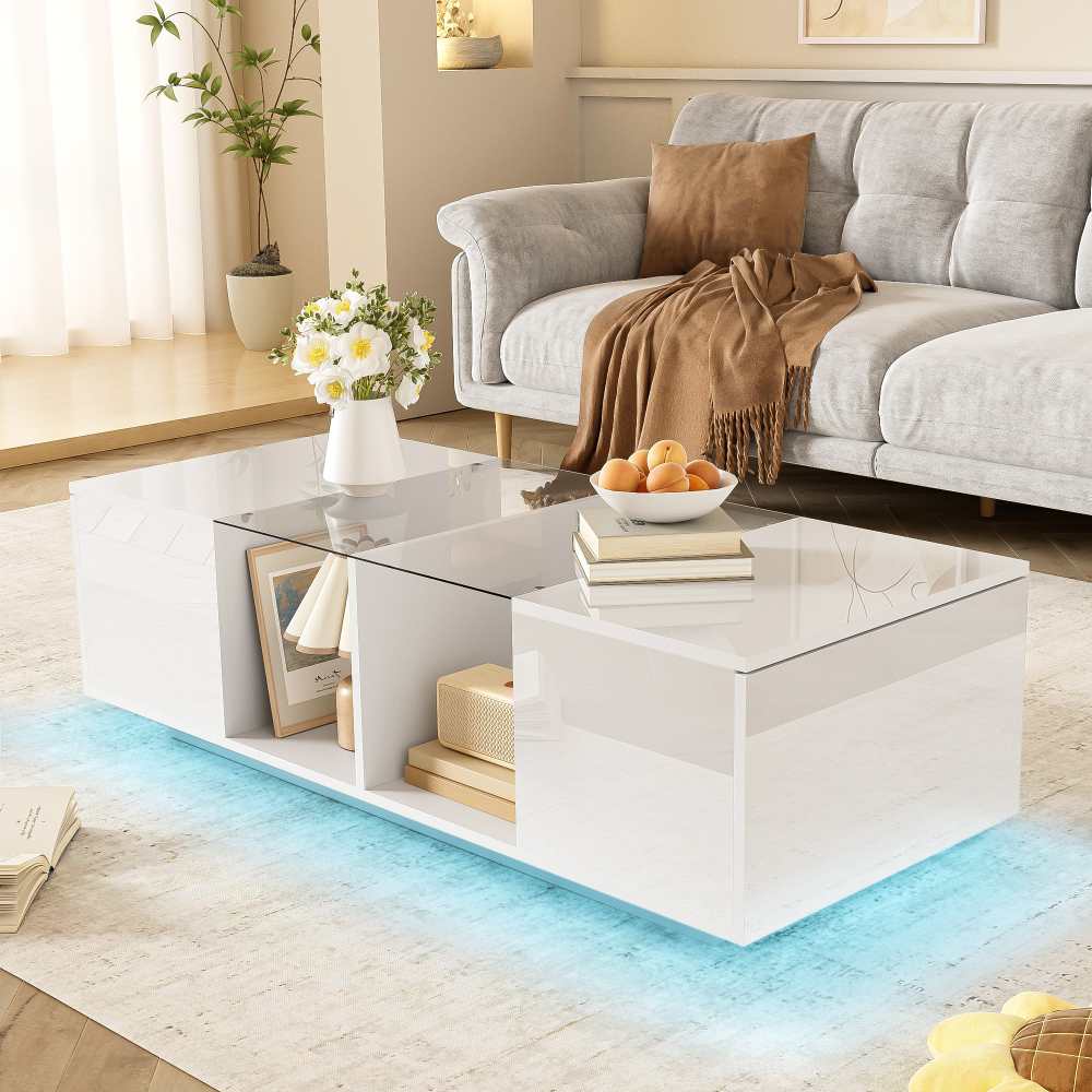 Nowoczesny stolik kawowy LED z błyszczącym lakierem i szklanym blatem, 120x50x38,5 cm, praktyczny schowek i elegancki design